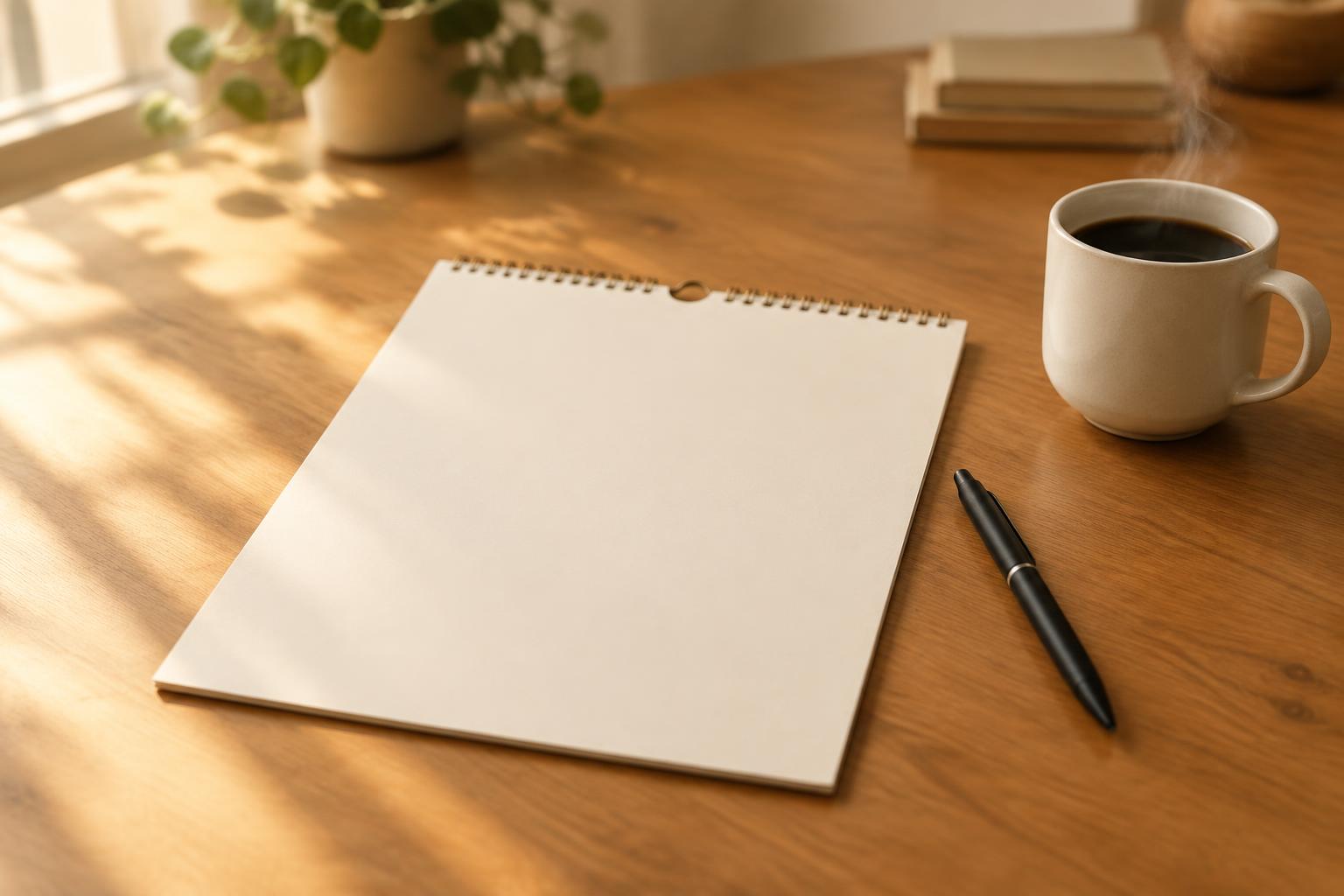 A blank paper calendar, a pen and a mug of coffee on a wooden desk in soft morning light