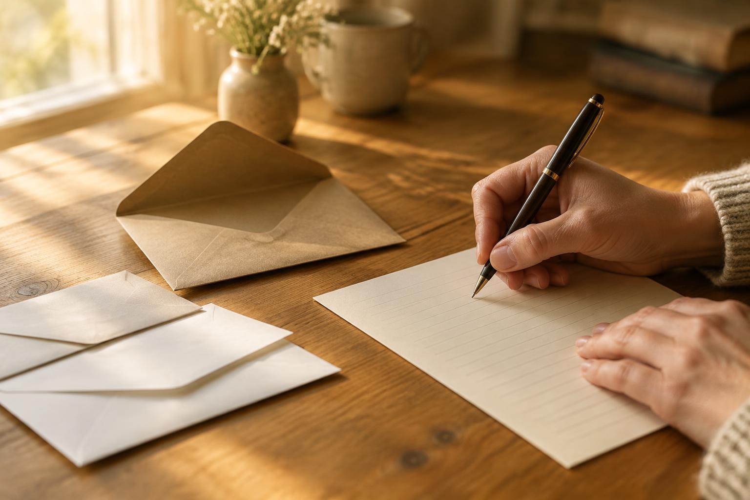 A hand writing a letter in pen on lined paper, beside an open envelope and two sealed letters on a wooden table