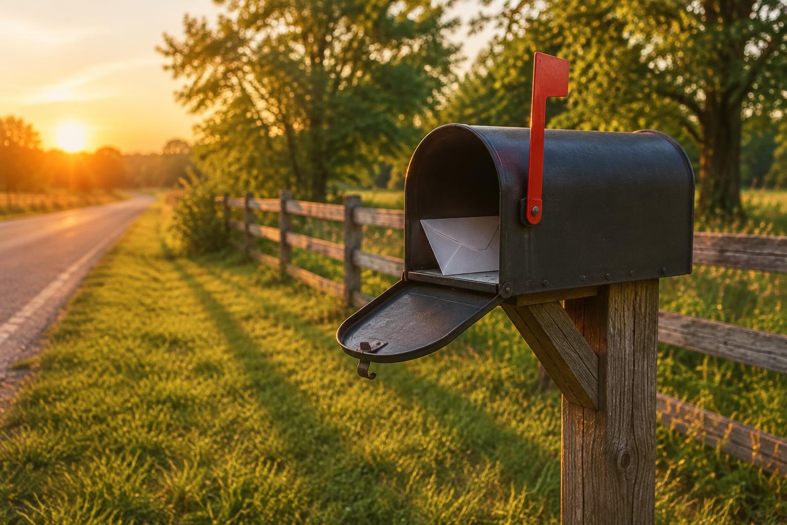 A roadside mailbox with its flag raised and a white envelope inside, in golden evening light